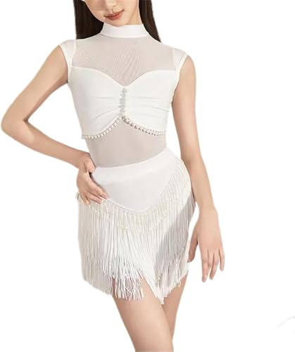 DgtZyrih Neue Mädchen Latin Tanzkleid, atmungsaktive Spitze Ballett Jazz Rock, ärmellose Quaste Tanz Outfit Ballsaal Samba Chacha Tanzbekleidung Bühne Performance Kostüm,Weiß,170 von DgtZyrih