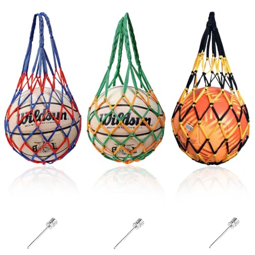 3 Stück Ballnetz Net Tasche mit Ballpumpe Nadeln, Tragbare Ballnetz 1 Ball, Sports Ball Ballnetz, Hoher Dicke Haltegriffe, Professionelle Nylon-Netztasche für Basketball Volleyball Fußball Handball von Dhisperares