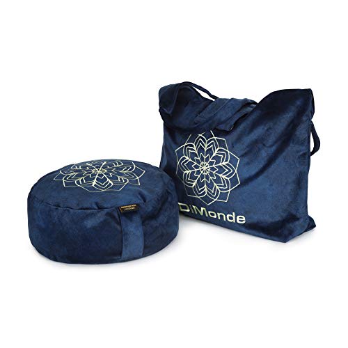 DiMonde Zafu Meditationskissen Yogakissen Rund – Tasche aus Suede - Buchweizenschälen - Waschbarer Bezug mit Griff - Mandala - Sitzhöhe 13 cm Durchmesser 33 cm Blau von DiMonde