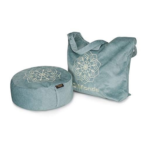 DiMonde Zafu Meditationskissen Yogakissen Rund – Tasche aus Suede - Buchweizenschälen - Waschbarer Bezug mit Griff - Mandala - Sitzhöhe 13 cm Durchmesser 33 cm Grün von DiMonde