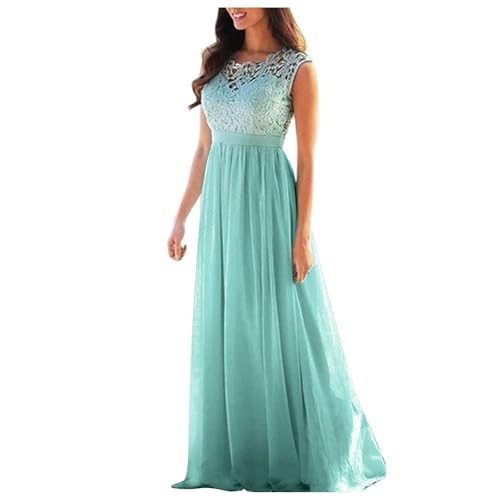 Abendkleid Lang Damen Elegant für Hochzeit Spitzen Rundhals ärmellos A Linie Chiffon Festlich Kleid Lange Ballkleider Brautjungfernkleider Cocktailkleid Spitzenkleid,Grün,S von Didadihu