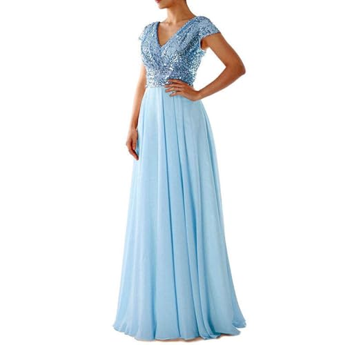 Abendkleid Lang Damen Elegant für Hochzeit V Ausschnitt A Linie Chiffon Festlich Glitzer Kleid Lange Mit Tüll Ballkleider Brautjungfernkleider,Himmelblau,XL von Didadihu