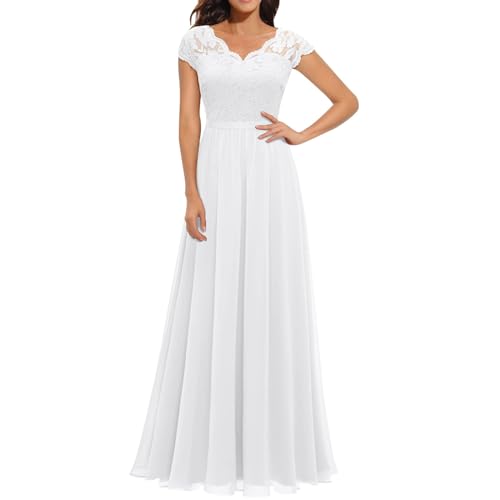 Abendkleid Lang Damen Elegant für Hochzeit v Ausschnitt Kurzarm A Linie Chiffon Festlich Maxi Kleid Ballkleider Mit Spitzen Ärmeln Brautjungfernkleider Cocktailkleid Spitzenkleid,Weiß,M von Didadihu