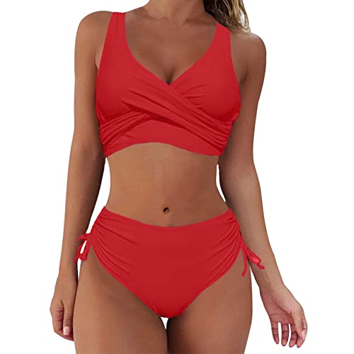 Bikini Damen Bauchweg Große Brüste Badeanzug High Waist Push Up Bikinis für Damen V Ausschnitt überkreuztes Blumenmuster Bademode Bauchkontrolle Bikini Zweiteilige Bademode Swimsuit,Rot,XXL von Didadihu