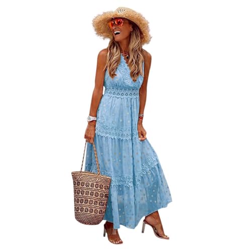 Boho Kleid Damen Sommer Elegant Spitze Quasten Feder-Blumenkleid Lange Kleid Sommerkleid mit Rüschen Saum Strandkleid Kurzarm V-Ausschnitt ärmellos A Linie Fließend Maxikleid Freizeitkleid,Blau,XXL von Didadihu