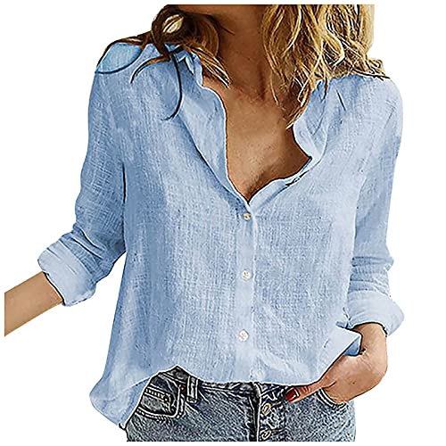 Musselin Bluse Damen Elegant Langarm Button Down Leinenbluse Casual V-Ausschnitt Roll Up Ärmel Blusen Hemdbluse Longbluse,00 Blau,M von Didadihu
