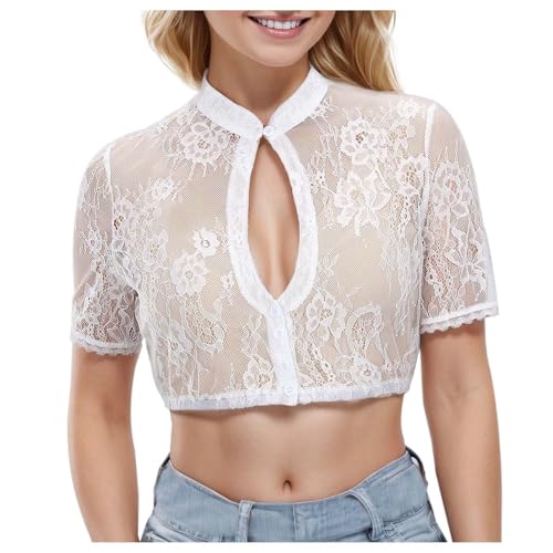 Dirndl Bluse Damen Halbarm Kurzarm Dirndlbluse Weiß Spitze Dirndlblusen Trachtenbluse Oktoberfest Dirndlblusen Trachten Bluse Mit Knopf,04 Weiß,XXL von Didadihu