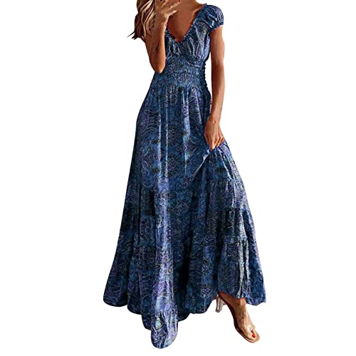 Maxikleid Damen Boho Sommer Maxi Kleid V-Ausschnitt Kurzärmelig Sommerkleid Langes Bohemian Blumen Hippie Blumenkleid Strandkleid Lang,Blau,S von Didadihu