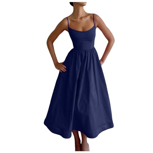 Midi Kleid Damen Spaghettiträger Rückenfrei Sommerkleid Sexy Langes A-Linie Strandkleid Vintage Tunika Kleid Partykleid,Dunkelblau,S von Didadihu