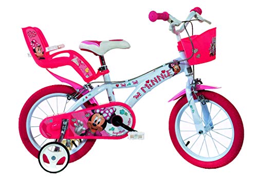 Minnie Maus Kinderfahrrad Mädchenfahrrad – 14 Zoll | Original Disney Lizenz | Kinderrad mit Stützrädern, Puppensitz und Fahrradkorb - Das Minnie Maus Fahrrad als Geschenk für Mädchen von Dino Bikes