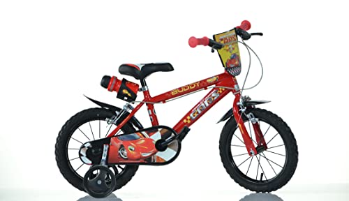 Dino Bikes – 14 Zoll Kinderfahrrad Cars – Jungen Fahrrad mit abnehmbaren Stützrädern ab 3 Jahren – Kinderrad mit Frontschild & Trinkflasche inkl. Halterung – verstellbare Sattel- & Lenkerhöhe (Rot) von Dinobikes