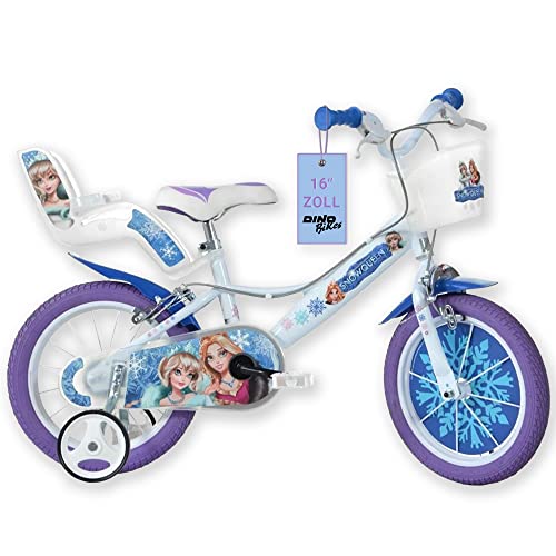 Dino Bikes – 16 Zoll Kinderfahrrad Eiskönigin – Mädchen Fahrrad mit abnehmbaren Stützrädern ab 4 Jahren – Kinderrad mit Frontkorb & Puppenträger – verstellbare Sattel- & Lenkerhöhe (Weiß-Blau) von Dinobikes