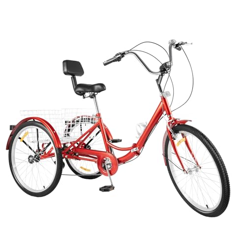 DioPaiB 24 Zoll Dreirad Erwachsene Klappfahrrad 7-Gang Fahrrad 3-Rad-Dreirad Lastenfahrrad für Erwachsene & Senioren 120kg Tragfähigkeit mit Led Licht & Getränkehalter, Rot von DioPaiB