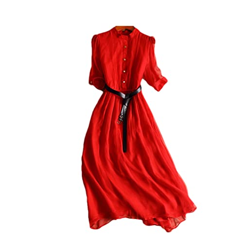 Damen Seide Sommer Halbe Ärmel Kleid Elegant Lang Casual Korean Stil Rot Kleid von Disimlarl