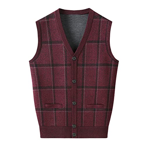 Herren Knöpfe Plaid Basic Pullover Strickjacke Ärmellos Casual Vintage Strickweste Burgund XXL von Disimlarl