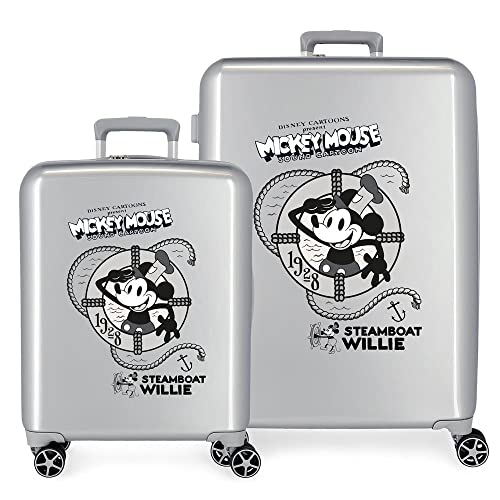 Disney 100 Mickey Steamboad Kofferset Grau 55/70 cm Starres ABS Integriertes TSA-Schloss 119L 6 kg 4 Doppelrollen Handgepäck von Disney