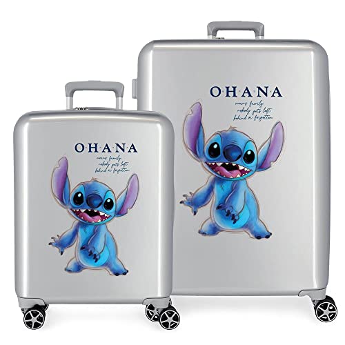 Disney 100 Stitch Kofferset, Grau, 55/70 cm, starres ABS, integrierter TSA-Verschluss, 81 l, 6 kg, 4 Doppelrollen, Handgepäck von Disney