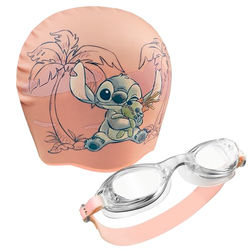 Disney Badekappe & Schwimmbrille Kinder Set, UV-Schutz, Anti-Beschlag - Stitch Sachen für Kinder (Pfirsichfarbe Stitch, 6-14 Jahre) von Disney