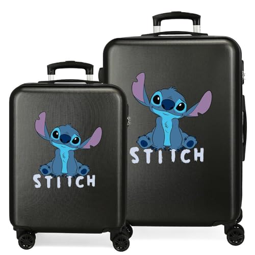 Disney Joumma Stitch Cute Kofferset, Schwarz, 55/65 cm, starr, ABS, seitlicher Kombinationsverschluss, 91 l, 6 kg, 4 Doppelräder, Handgepäck, Schwarz, Koffer Set von Disney