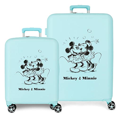 Disney Mickey & Minnie Kisses Kofferset, türkis, 55/70 cm, starres ABS, integrierter TSA-Verschluss, 88 l, 6,8 kg, 4 Doppelrollen, Handgepäck von Disney