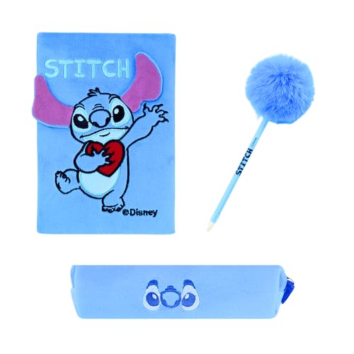 Disney Stitch Schreibwaren Set, Bestehend aus Notizbuch, Pom Pom Stift und Federmäppchen, Geschenk für Mädchen und Jugendliche von Disney