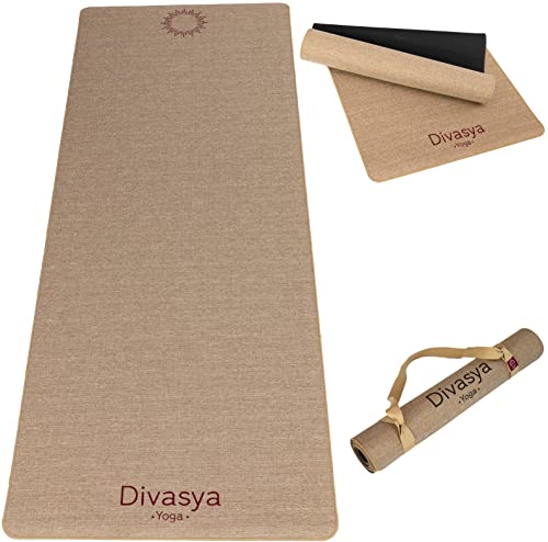 DIVASYA Premium Yoga-Matte rutschfester natürlicher Kautschuk & rutschfester Hanf-Baumwoll-Mix, extra dick, extra breit (183x68x0,5cm), hautsympathisch,mit Tragegurt, natural touch. Auch für Pilates von Divasya