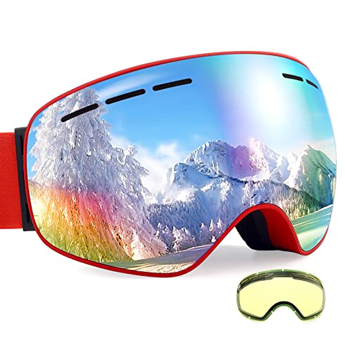 Dizokizo Skibrille mit Abnehmbarer Linse, für Ski Snowboard, Antibeschlag und einen 100% UV-Schutz, Dreifach Atmungsaktive Schaumstoffe & Geprägter Riemen für Damen, Herren,Jugend von Dizokizo