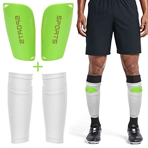 Dokpav Soccer Shin Guard Leggings Socken+Leggings Kunststoff Tasche Fußball Ausrüstung Komfort- Erwachsene Teenager Kinder- Fußball-Wettbewerb Anfänger Leistungssportler (Erwachsener：Weiß + grün) von Dokpav