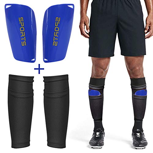 Dokpav Soccer Shin Guard Leggings Socken+Leggings Kunststoff Tasche Fußball Ausrüstung Komfort- Erwachsene Teenager Kinder- Fußball-Wettbewerb Anfänger Leistungssportler (Jugend：Schwarz + blau) von Dokpav
