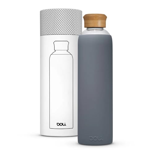 Doli Trinkflasche 1L Glas mit Silikonhülle Grey - Ideal für Heißes & Kohlensäurehaltige Getränke - Absolut dicht - Spülmaschinenfest - BPA-frei von Doli