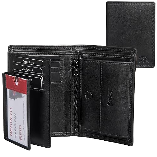 Dolphin® Herren Leder Geldbörse “Rapid Pay” - Brieftasche mit kontaktloser Schnell-Zahlungsfunktion in 3 Größen - Hochformat u. Querformat - Portemonnaie mit RFID Schutz (L - Hochformat) von Dolphin