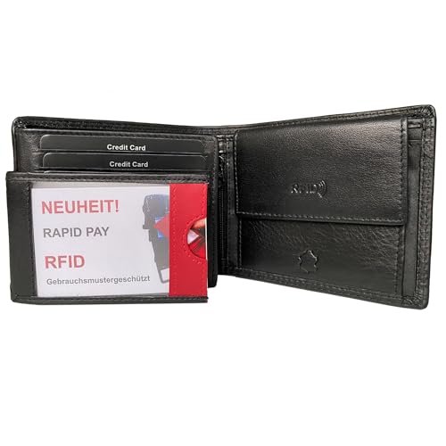Dolphin® Herren Leder Geldbörse “Rapid Pay” - Brieftasche mit kontaktloser Schnell-Zahlungsfunktion in 3 Größen - Hochformat u. Querformat - Portemonnaie mit RFID Schutz (XL-Querformat) von Dolphin