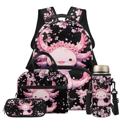 Dolyues Komplettes Mädchen-Rucksack-Set für Kinder im Alter von 3–16 Jahren, inklusive isolierter Lunchbox, Federmäppchen und Wasserflaschenhülle, Flower Axolotl von Dolyues
