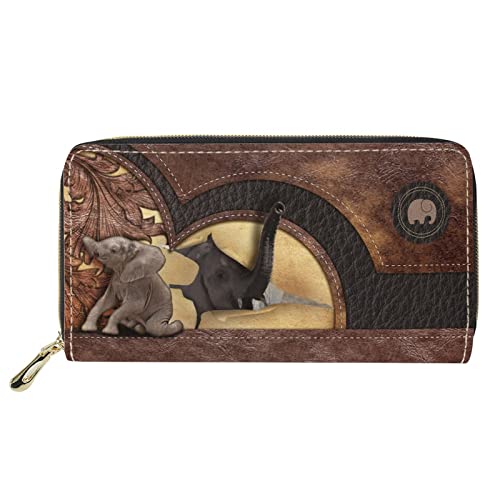 Dolyues Lange Damen-Portemonnaie aus PU-Leder mit mehreren Schlitzen, mit Reißverschluss, Kreditkartenhalter, Münzgeldbeutel für Damen, Elefanten-Design, Klassisch von Dolyues