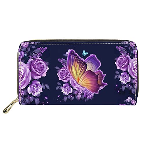 Dolyues Lila Rose und Glitzer-Schmetterlings-Muster Damen-Geldbörse, Reißverschluss, langes Kreditkartenetui aus Pu-Leder mit Münzfach von Dolyues