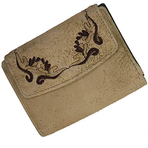 Domelo kleine Leder Geldbeutel. Damen/Mädchen Geldbörse mit Steckerei. Trachten Stil Portmonnaie. Beige Brieftasche von Domelo