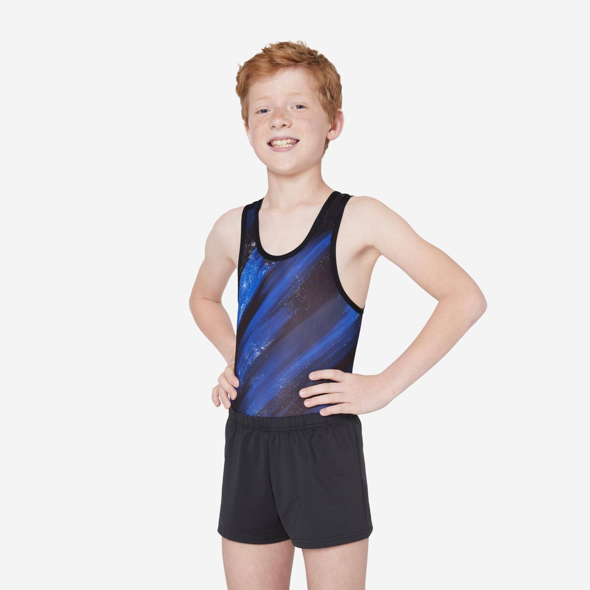Gymnastikanzug Turnanzug Jungen - schwarz/blau bedruckt von Domyos