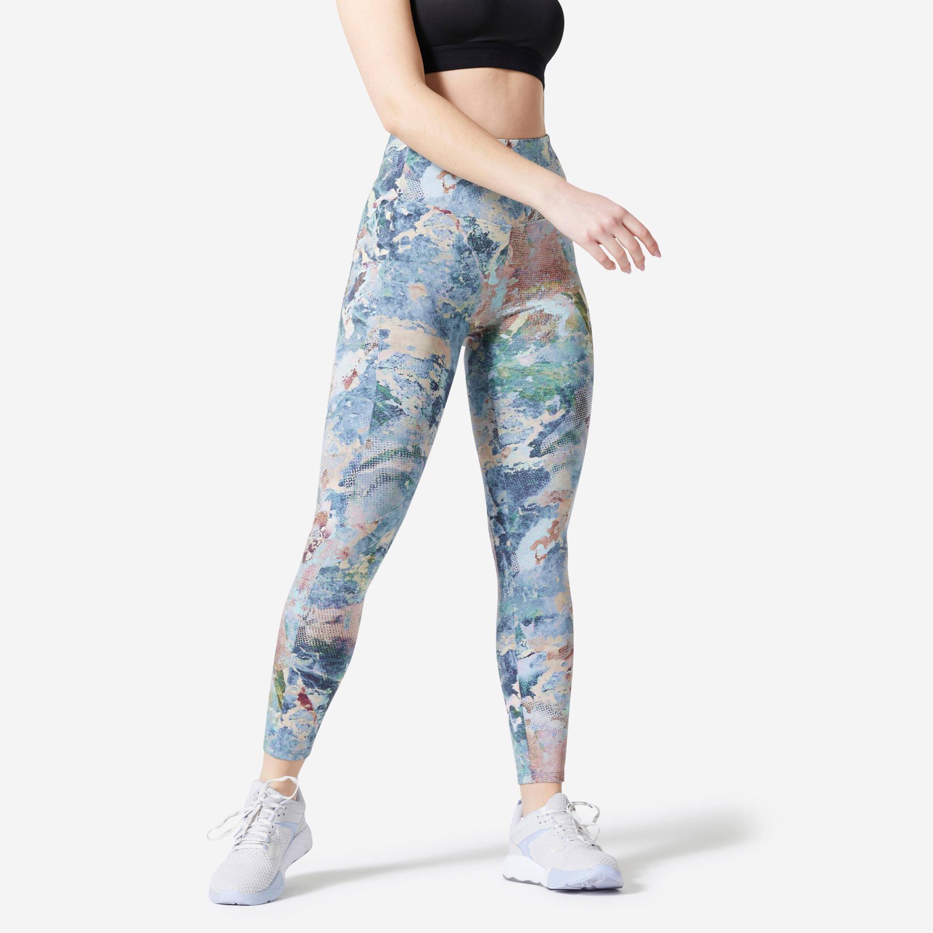 Leggings Damen figurformend - 520 bedruckt türkis/blau von Domyos