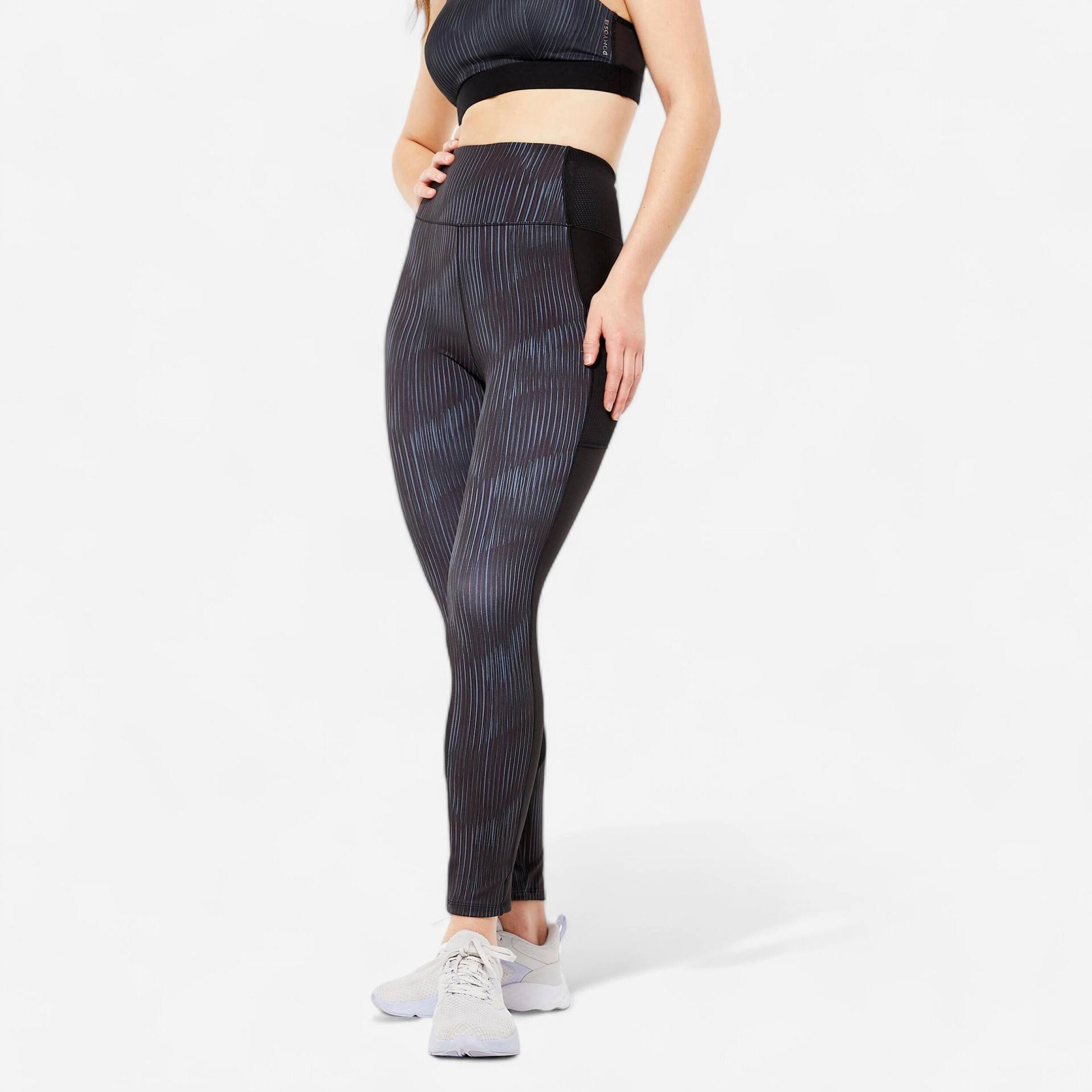Leggings Damen mit Smartphonetasche - schwarz/rauchschwarz von Domyos