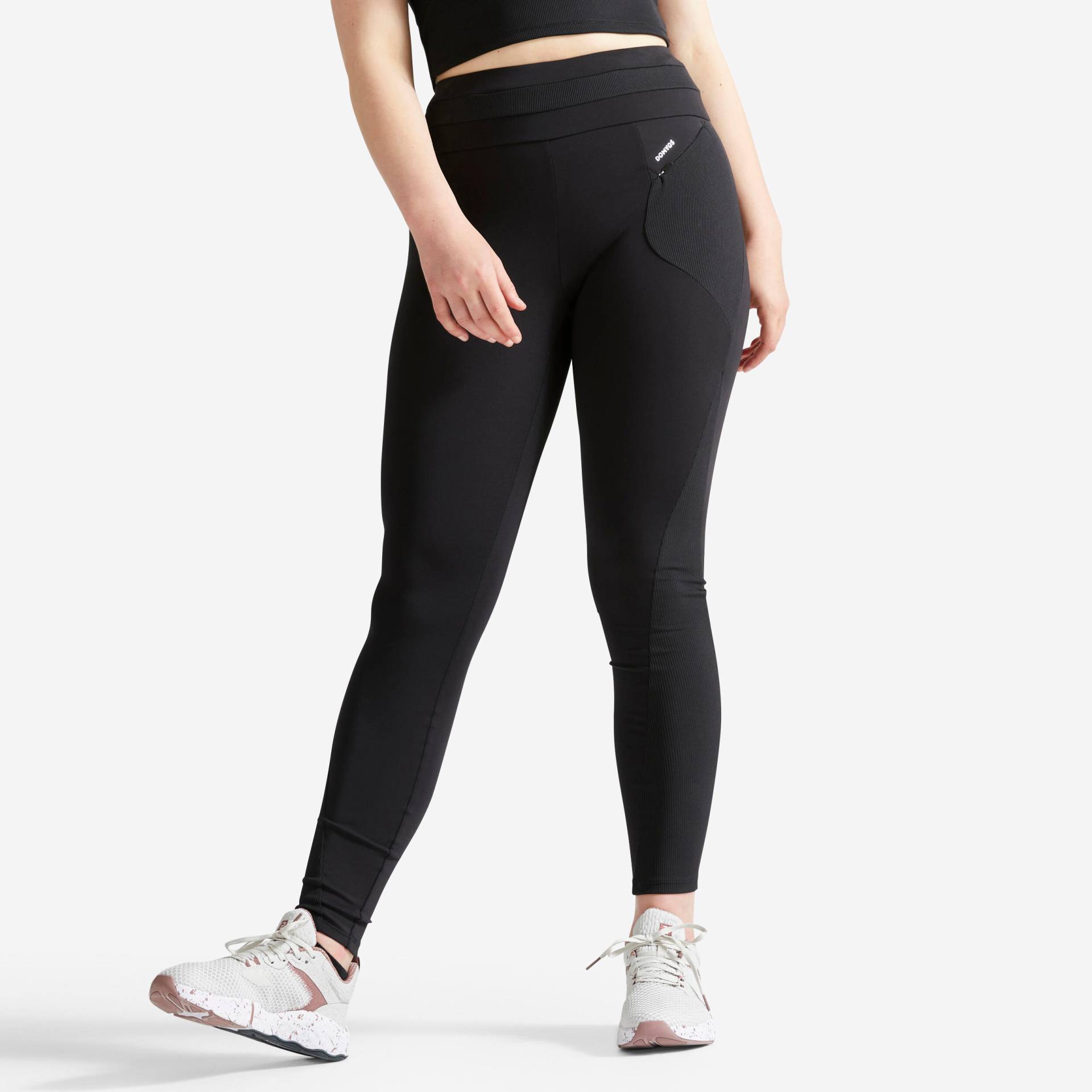 Leggings mit hohem Taillenbund und Tunnelzug Fitness Cardio Damen schwarz von Domyos