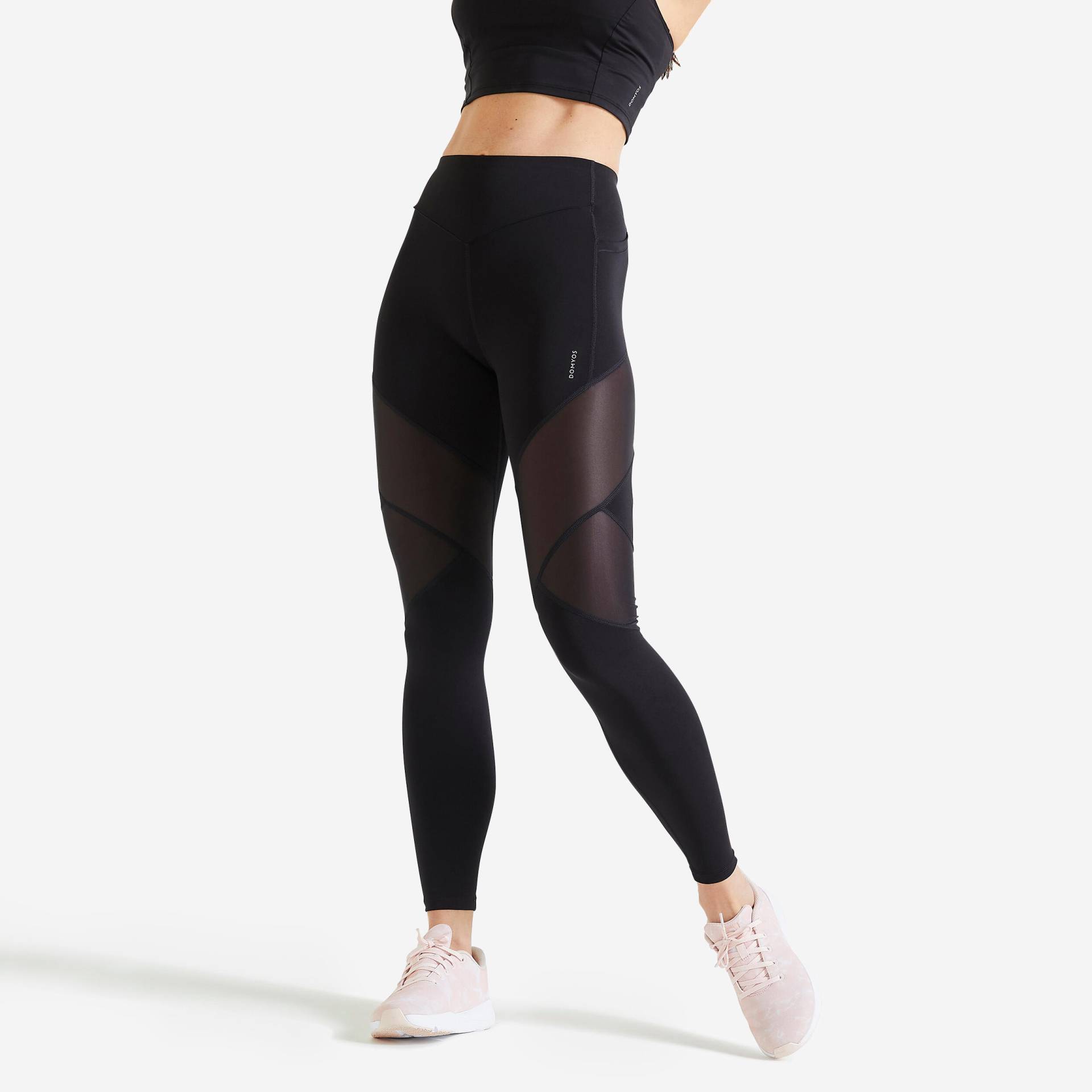 Leggings Damen Fitness Cardio hoher Bund Bimaterial - schwarz von Domyos