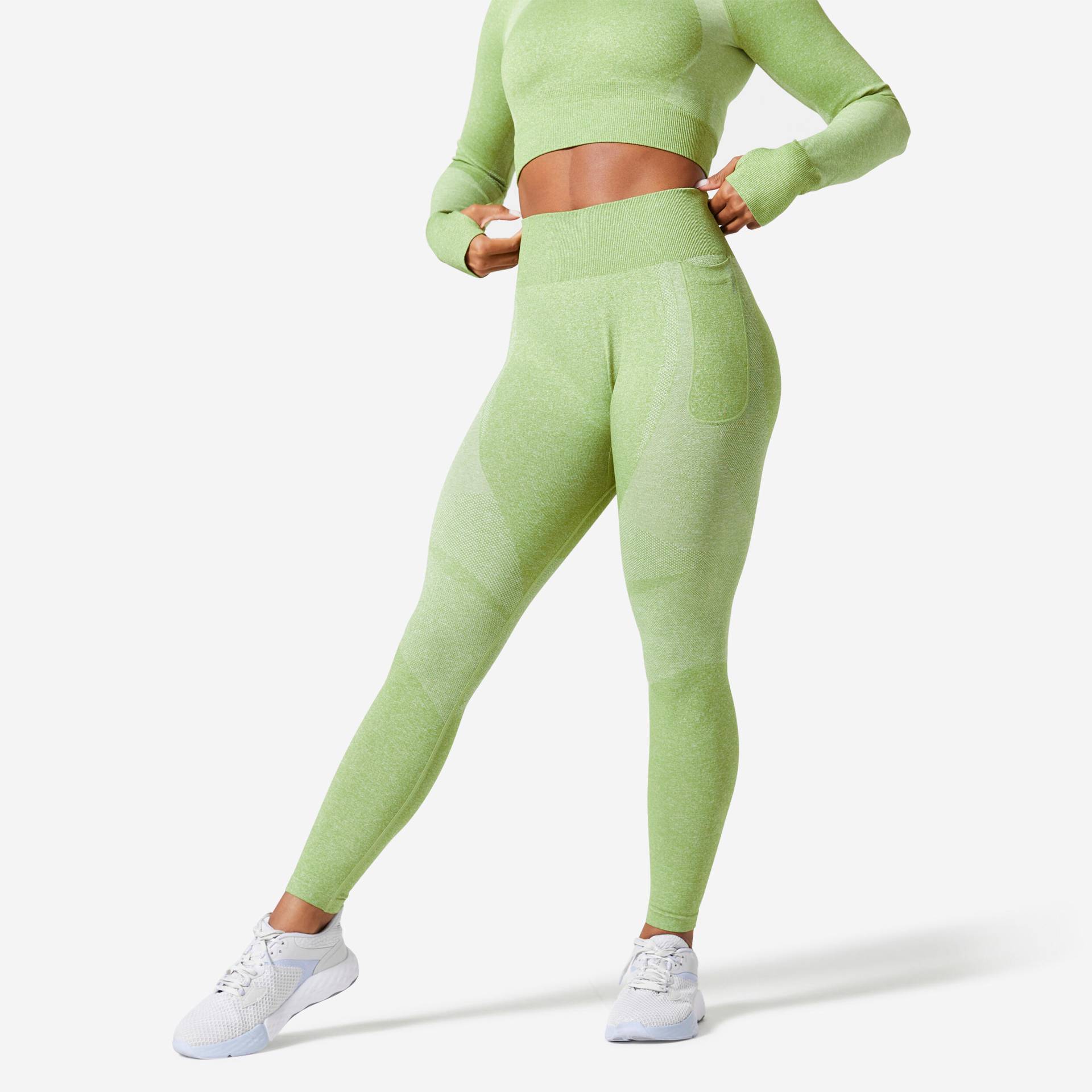 Sportleggings Smartphonetasche hoher Taillenbund seamless - grün von Domyos