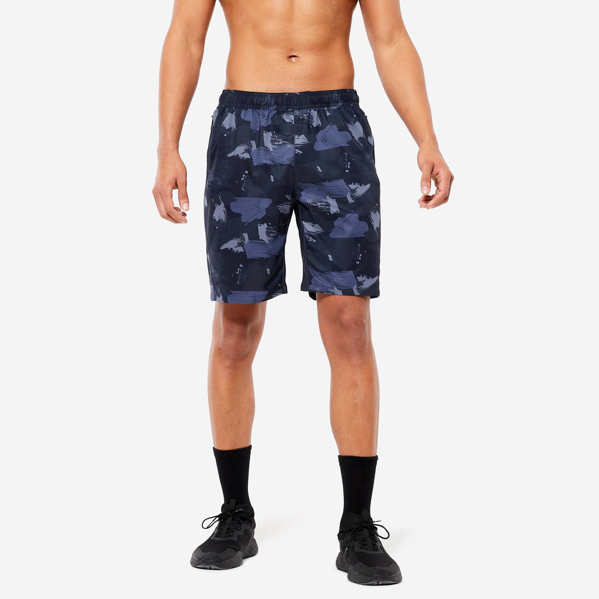Shorts Herren Fitness Cardio Essential atmungsaktiv Reissverschlusstaschen - blau camouflage von Domyos