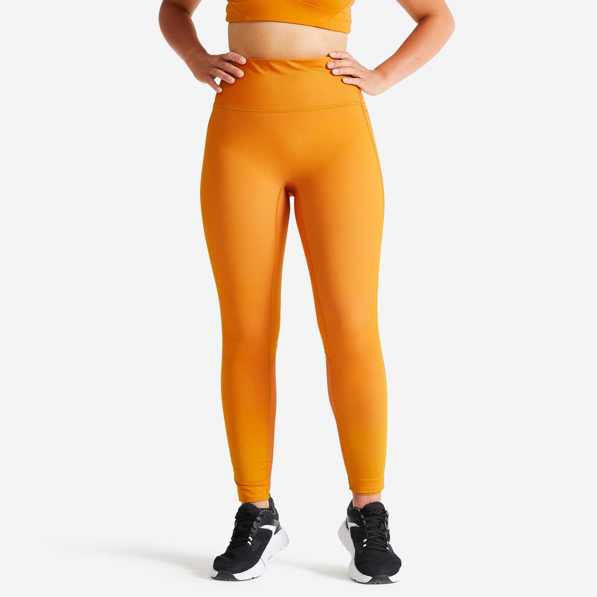 Sportleggings Fitness Cardio Damen hohe Taille figurformend - ocker von Domyos