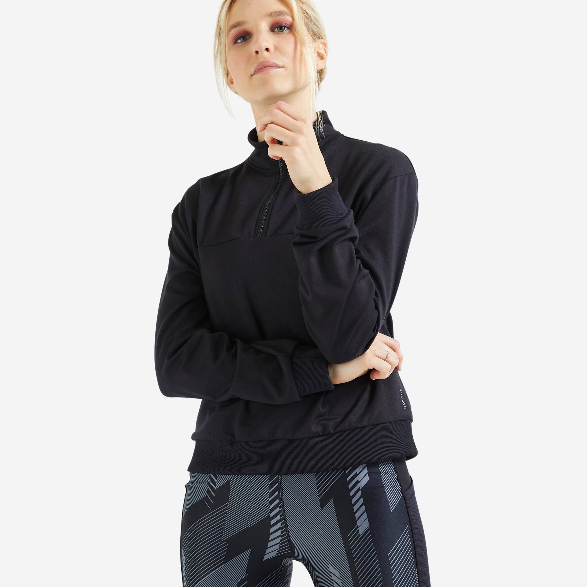 Sweatshirt kurzer Schnitt langärmelig Fitness Cardio Damen schwarz von Domyos
