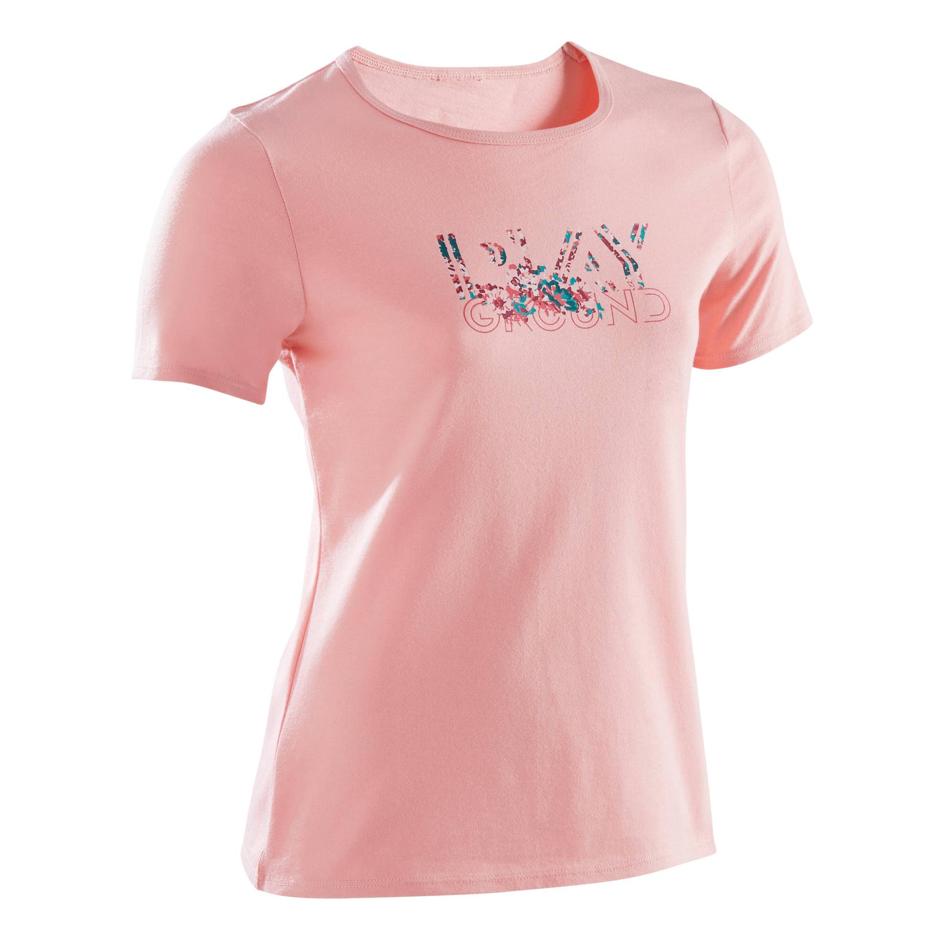T-Shirt Basic Baumwolle Kinder rosa mit Print von Domyos