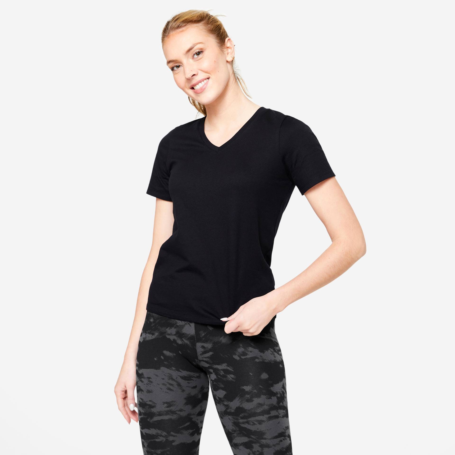 T-Shirt Damen V-Ausschnitt - 500 schwarz von Domyos