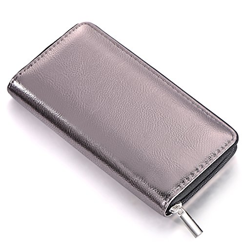 DonDon Damen Geldbörse weich im Metallic-Look mit Reißverschluss Portemonnaie in Grau 20 x 10 x 2,5 cm von DonDon