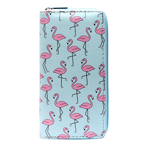 DonDon Geldbörse Damen mit Reißverschluss Portemonnaie Geldbeutel Damen Kinder Mädchen Flamingos blau von DonDon