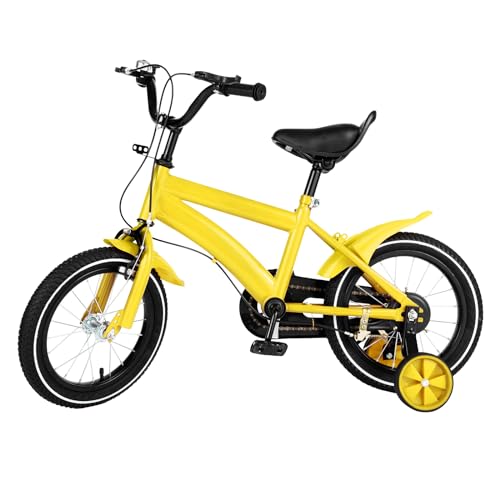 Donened 14 Zoll Kinderfahrrad für Mädchen & Jugend, Kinderrad mit Stützrädern & Schutzblech Höhenverstellbar Fahrrad (Gelb) von Donened